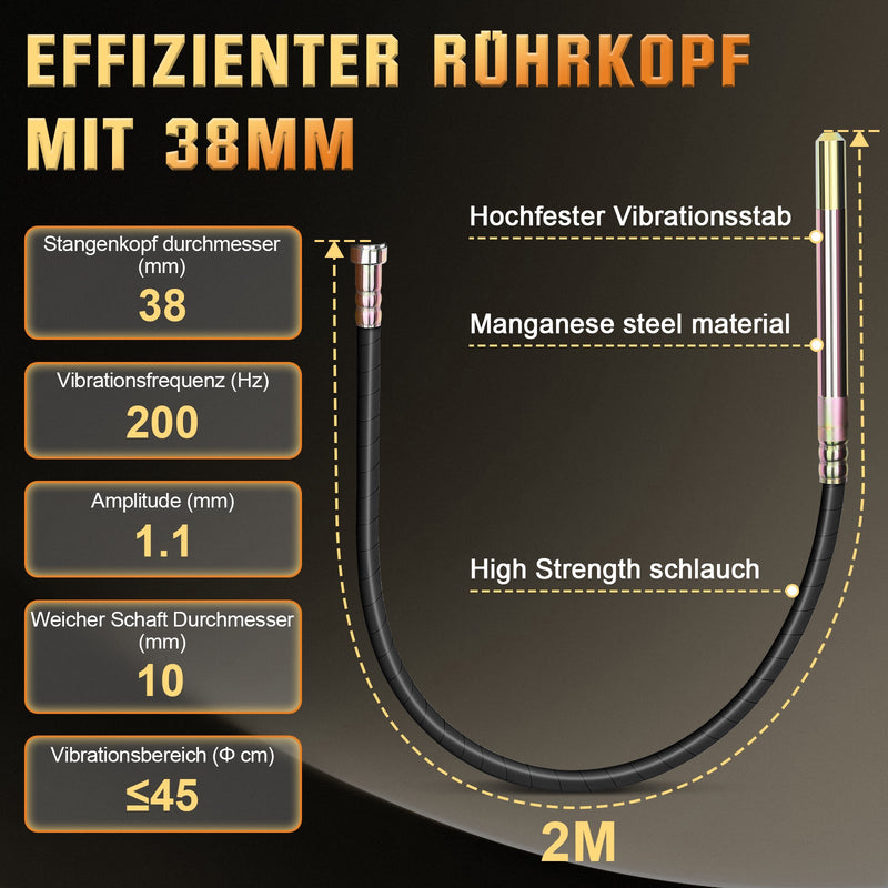 Betonrüttler 2100W mit 38 mm Vibrationskopf – Für Fundamente, Bodenplatten und Bauarbeiten