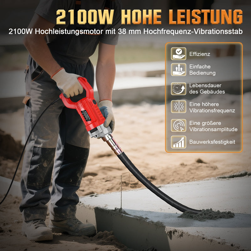 Betonrüttler 2100W mit 38 mm Vibrationskopf – Für Fundamente, Bodenplatten und Bauarbeiten