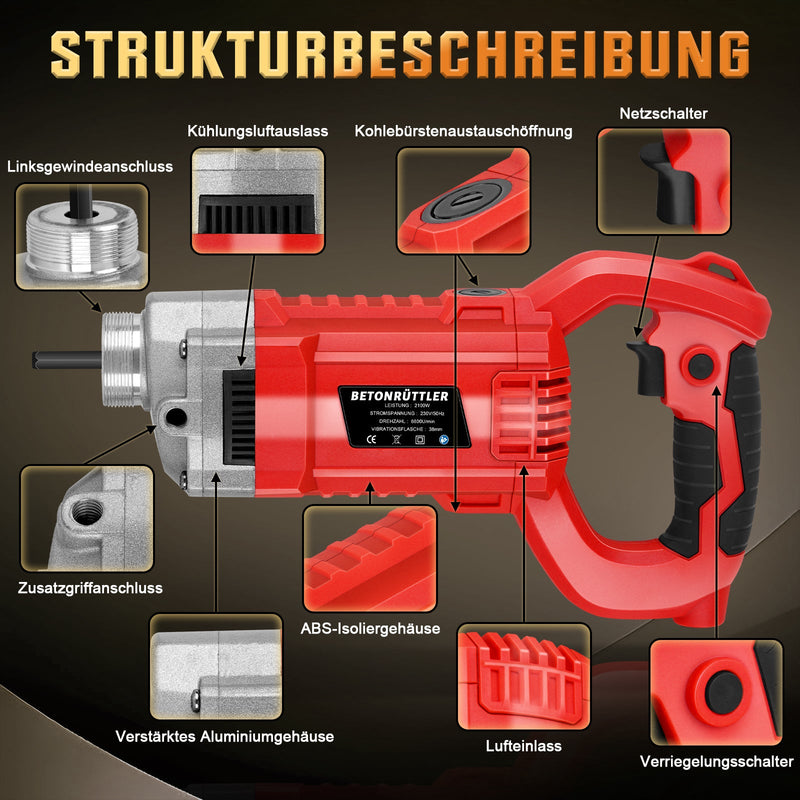 Betonrüttler 2100W mit 38 mm Vibrationskopf – Für Fundamente, Bodenplatten und Bauarbeiten