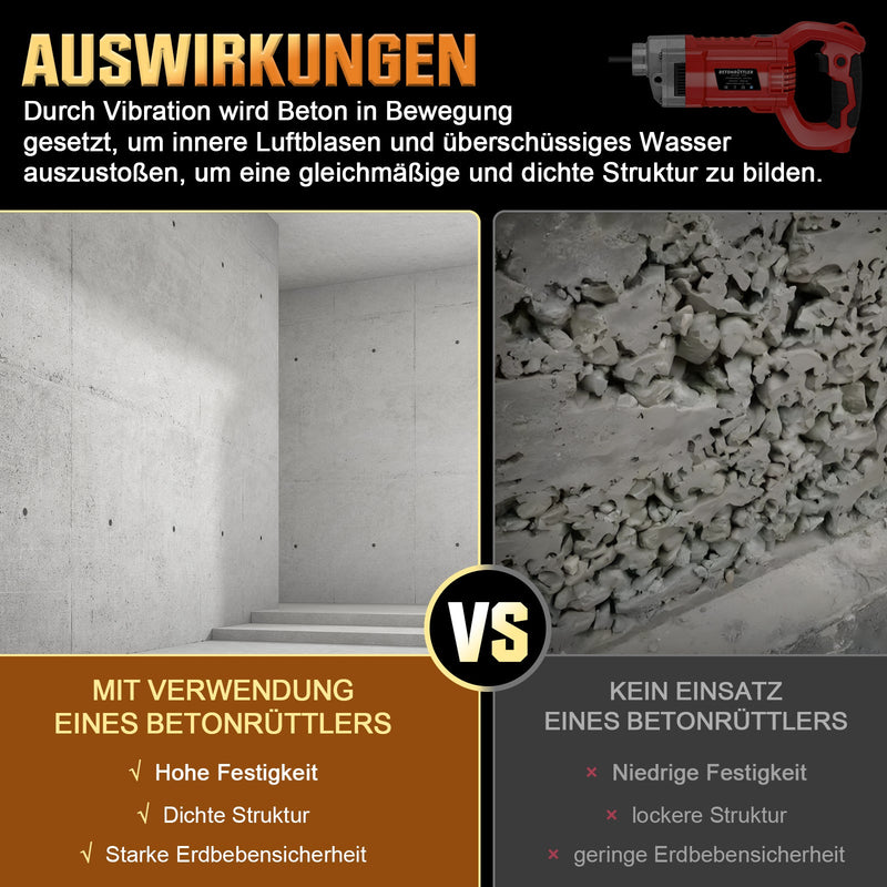 Betonrüttler 2100W mit 38 mm Vibrationskopf – Für Fundamente, Bodenplatten und Bauarbeiten