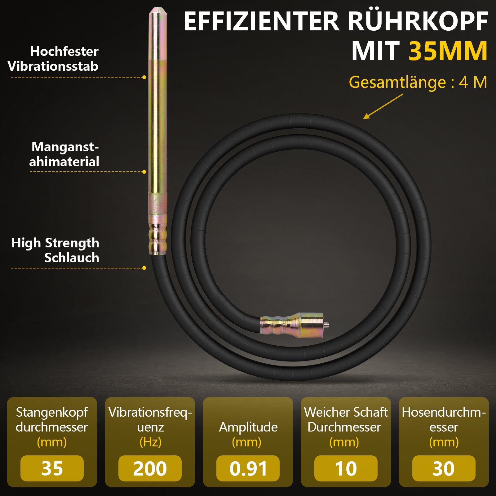 Betonrüttler 3200W mit 35mm Vibrationskopf und 4m flexibler Welle für Betonverdichtung