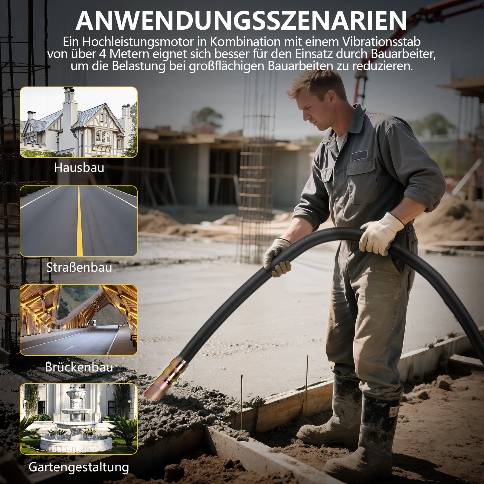 Betonrüttler 3200W mit 35mm Vibrationskopf und 4m flexibler Welle für Betonverdichtung