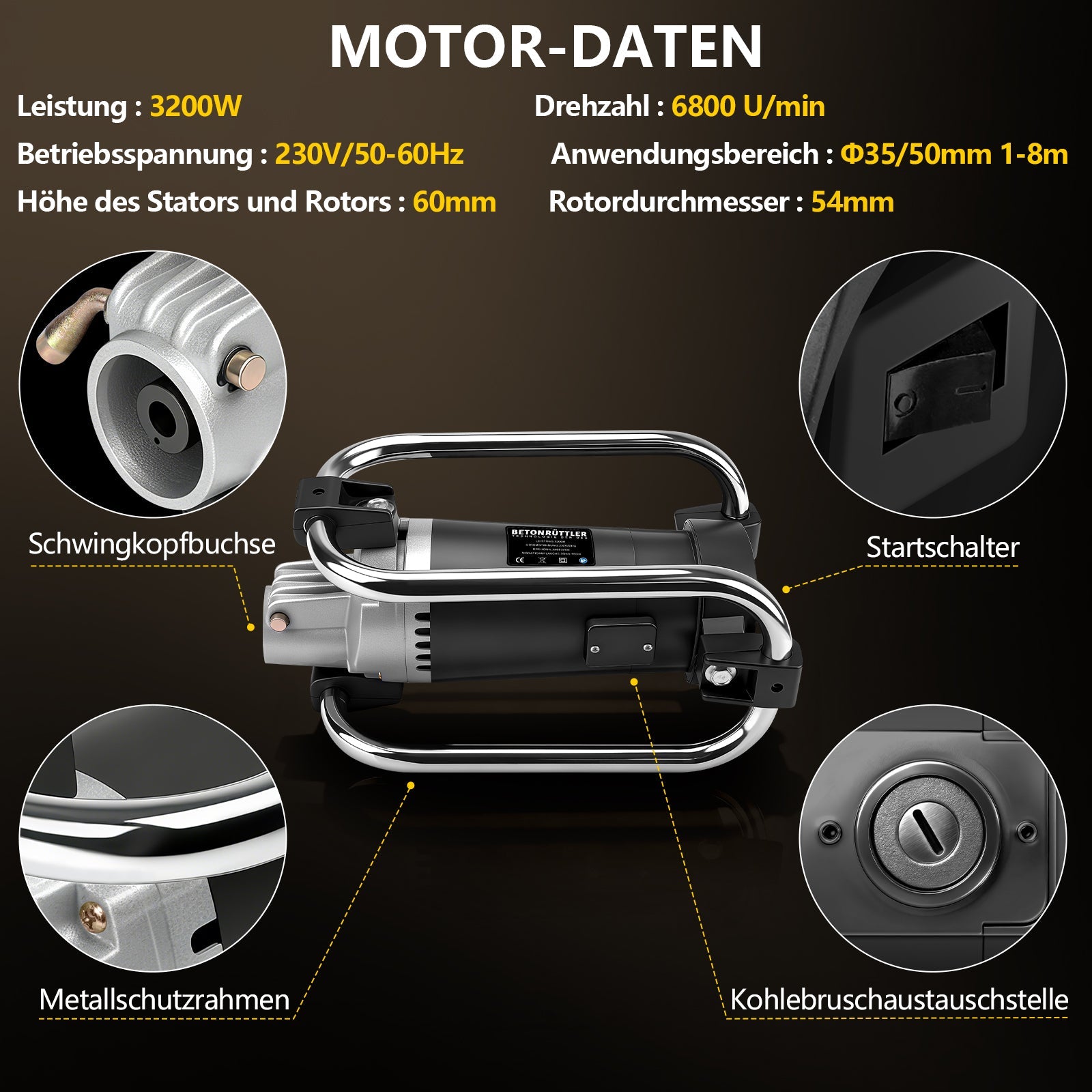 Betonrüttler 3200W mit 35mm Vibrationskopf und 4m flexibler Welle für Betonverdichtung
