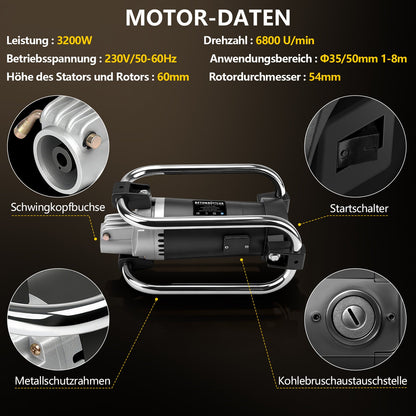 Betonrüttler 3200W mit 35mm Vibrationskopf und 4m flexibler Welle für Betonverdichtung