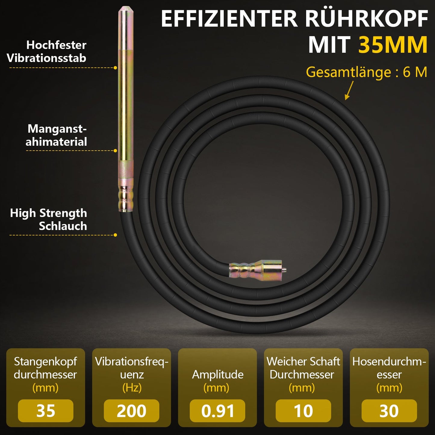 Betonrüttler 3200W mit 35mm Vibrationskopf und 6m flexibler Welle
