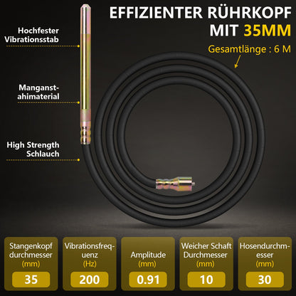 Betonrüttler 3200W mit 35mm Vibrationskopf und 6m flexibler Welle