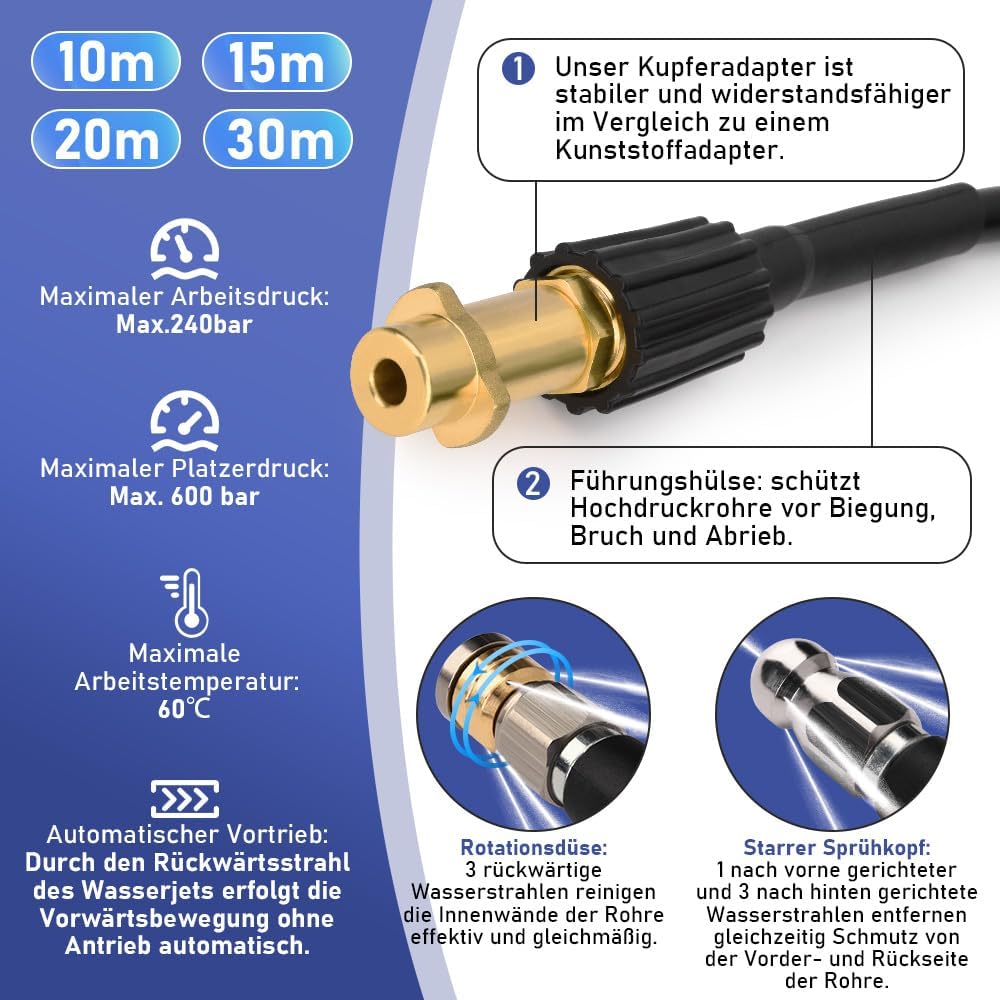 10-30M Rohrreinigungsschlauch Max. 240Bar für Kärcher K2-K7, LAVOR, Bosch Hochdruckreiniger