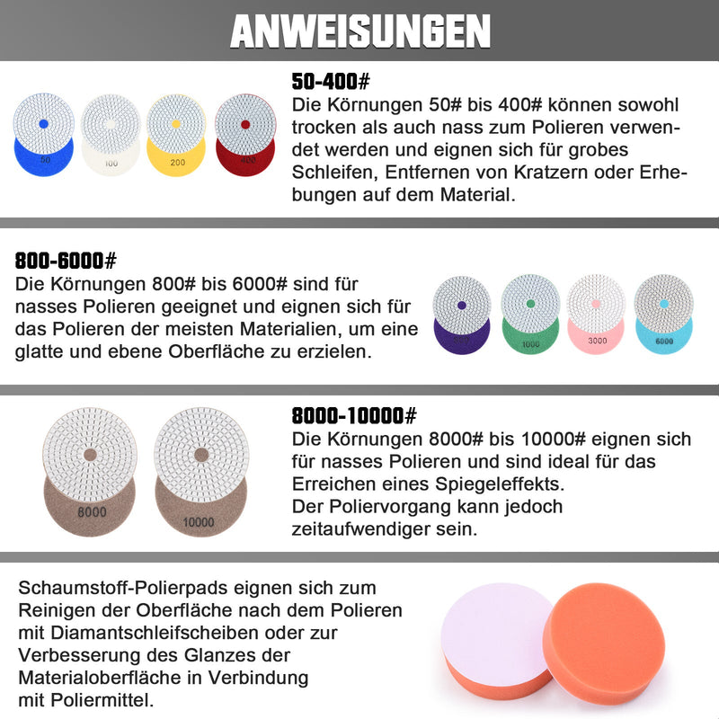 Diamant Polierscheiben Set – 12 - tlg. mit M14 Zubehör &amp; Bohreraufsatz