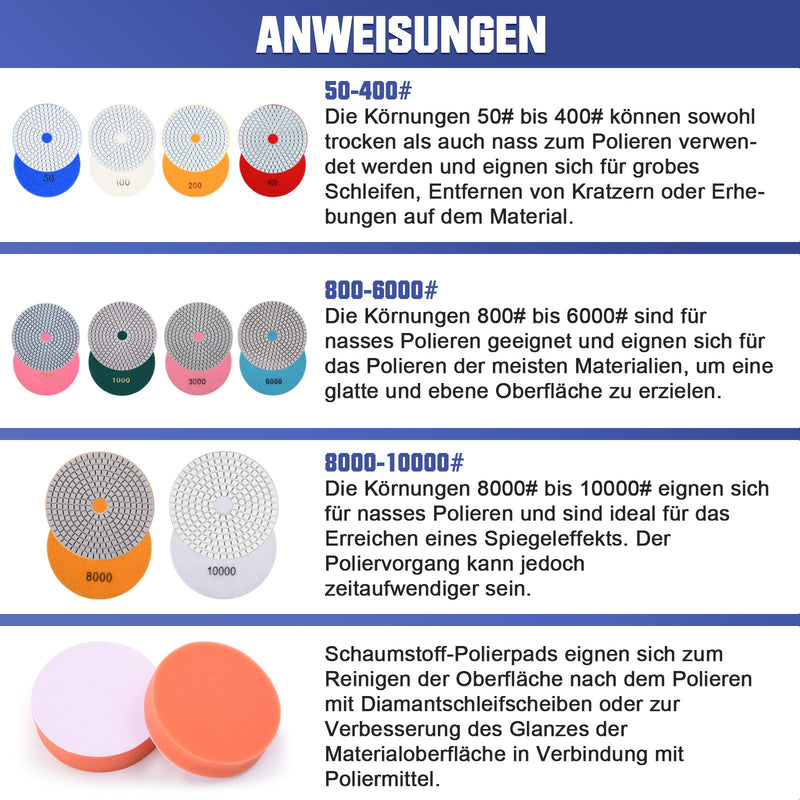 Diamant Polierscheiben Set 14-tlg. | 50-10000 Körnung | für Stein & Granit | mit M14 & Bohrer Adapter