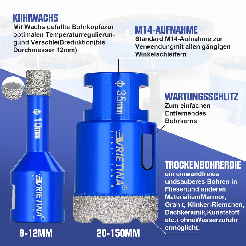 Diamant Trockenbohrer M14 – 16–150 mm für Fliesen, Granit & Feinsteinzeug – 23 Größen