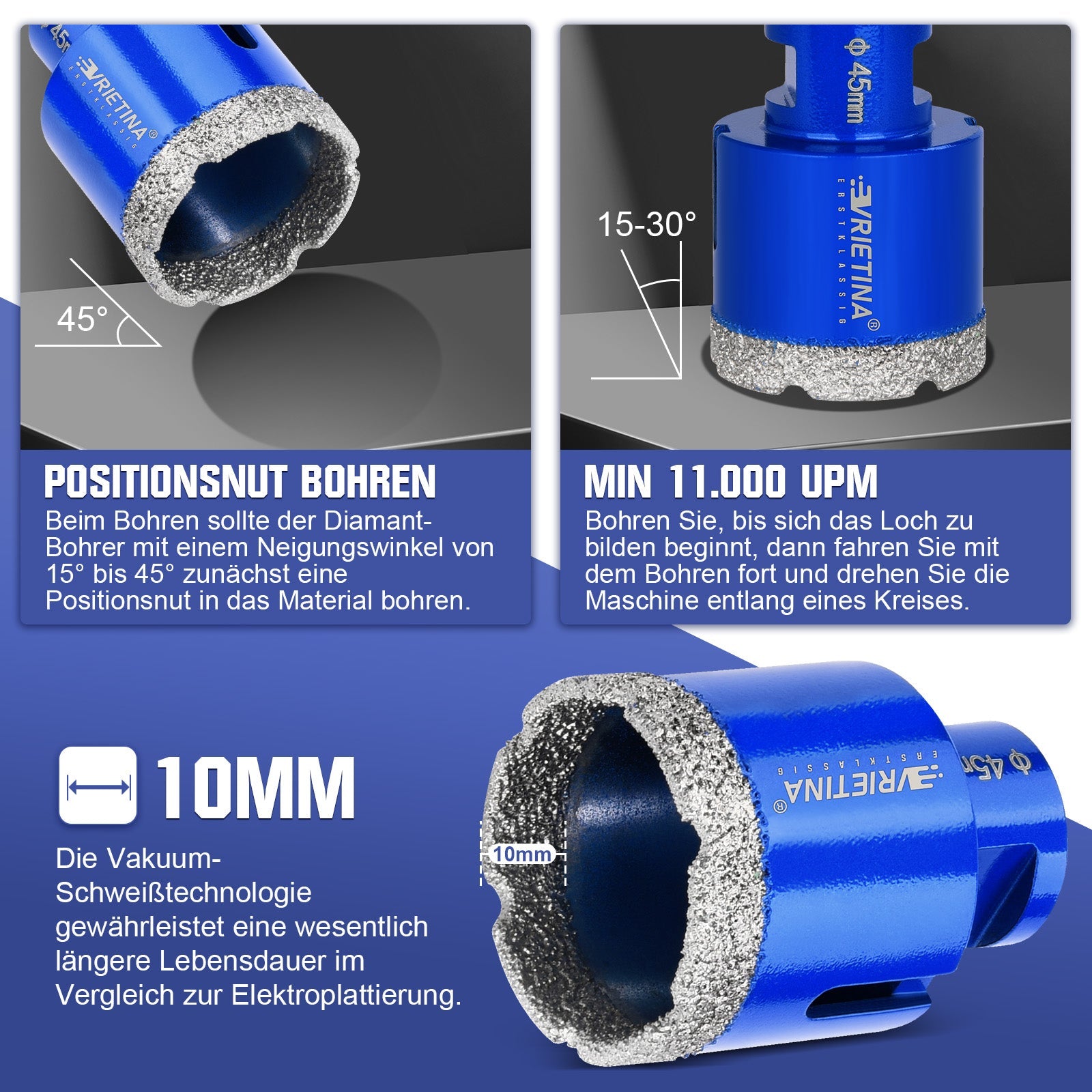 Diamant Trockenbohrer M14 – 16–150 mm für Fliesen, Granit & Feinsteinzeug – 23 Größen