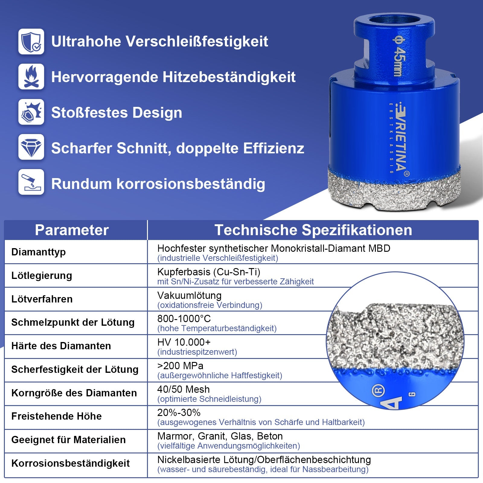 Diamant Trockenbohrer M14 – 16–150 mm für Fliesen, Granit & Feinsteinzeug – 23 Größen