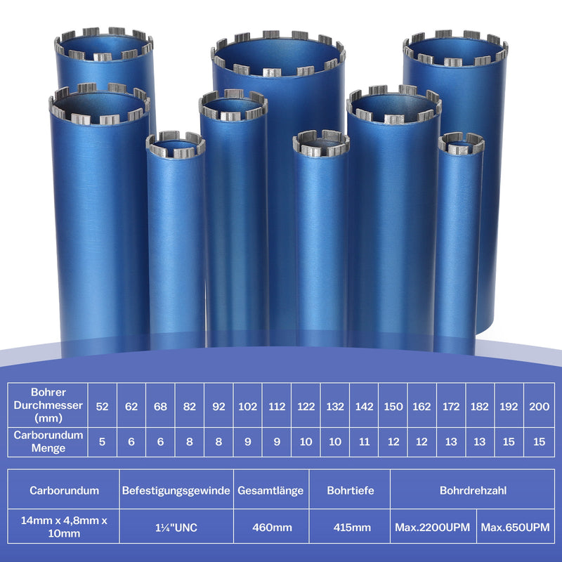 Diamantbohrkrone mit 10mm Turbosegment | 1 ¼ UNC Aufnahme | Nutzlänge 415 mm | Ø 52 mm - Ø 200 mm |
