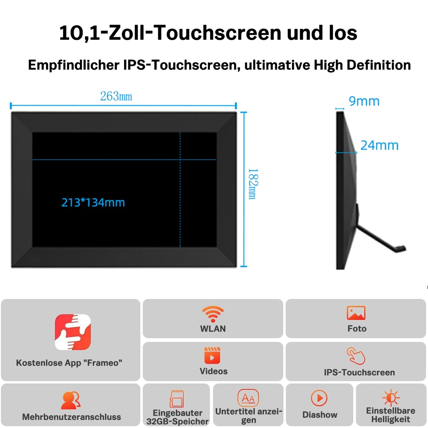 Digitaler Bilderrahmen 10,1 Zoll mit WLAN, HD Touchscreen & 32GB Speicher
