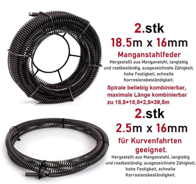 Drain Clean Rohrreinigungsgerät 39.5m Spirale | 500W 450PRMM | für Ø30 - 100mm Rohrleitungen | 8 Köpfe |