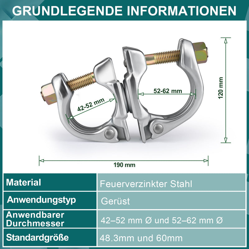 Drehkupplung Gerüst 2er Set – 42 - 62mm Rohrkupplung, 360° drehbar, Verzinkt