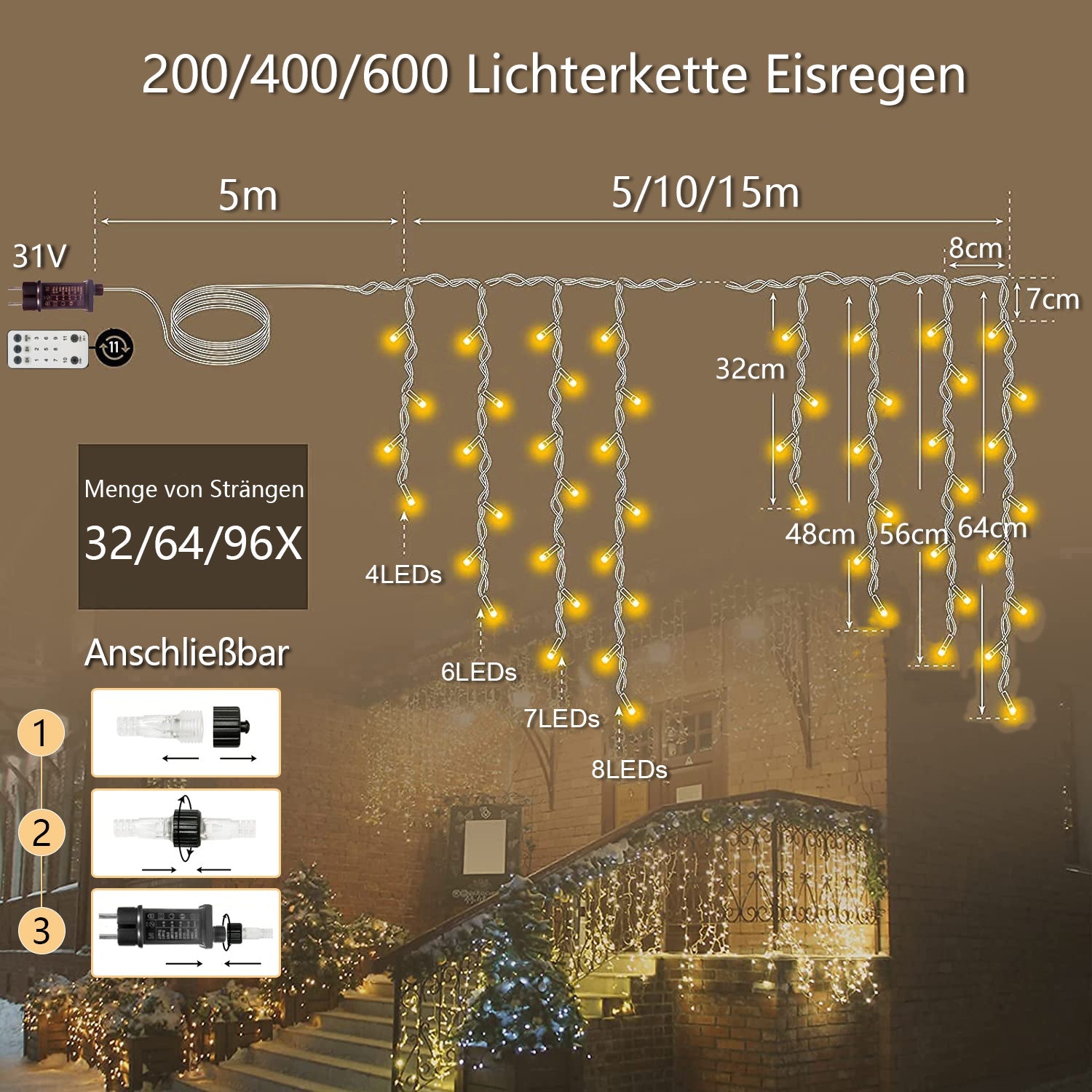 Eiszapfen Lichterkette – IP44 Wasserdicht, 11 Modi, Dimmbar, Timer &amp; Speicherfunktion