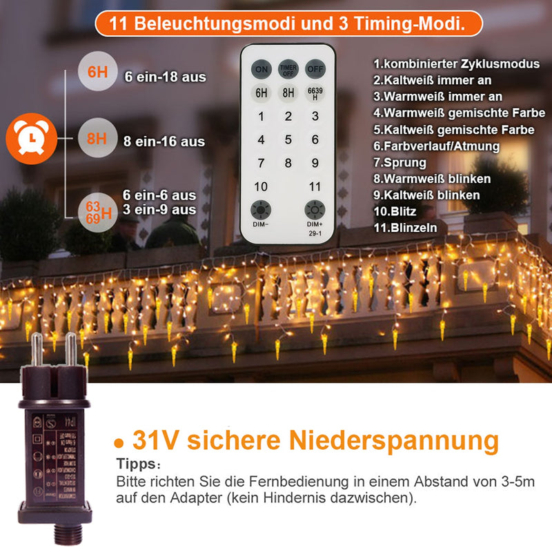 Eiszapfen Lichterkette – IP44 Wasserdicht, 11 Modi, Dimmbar, Timer &amp; Speicherfunktion