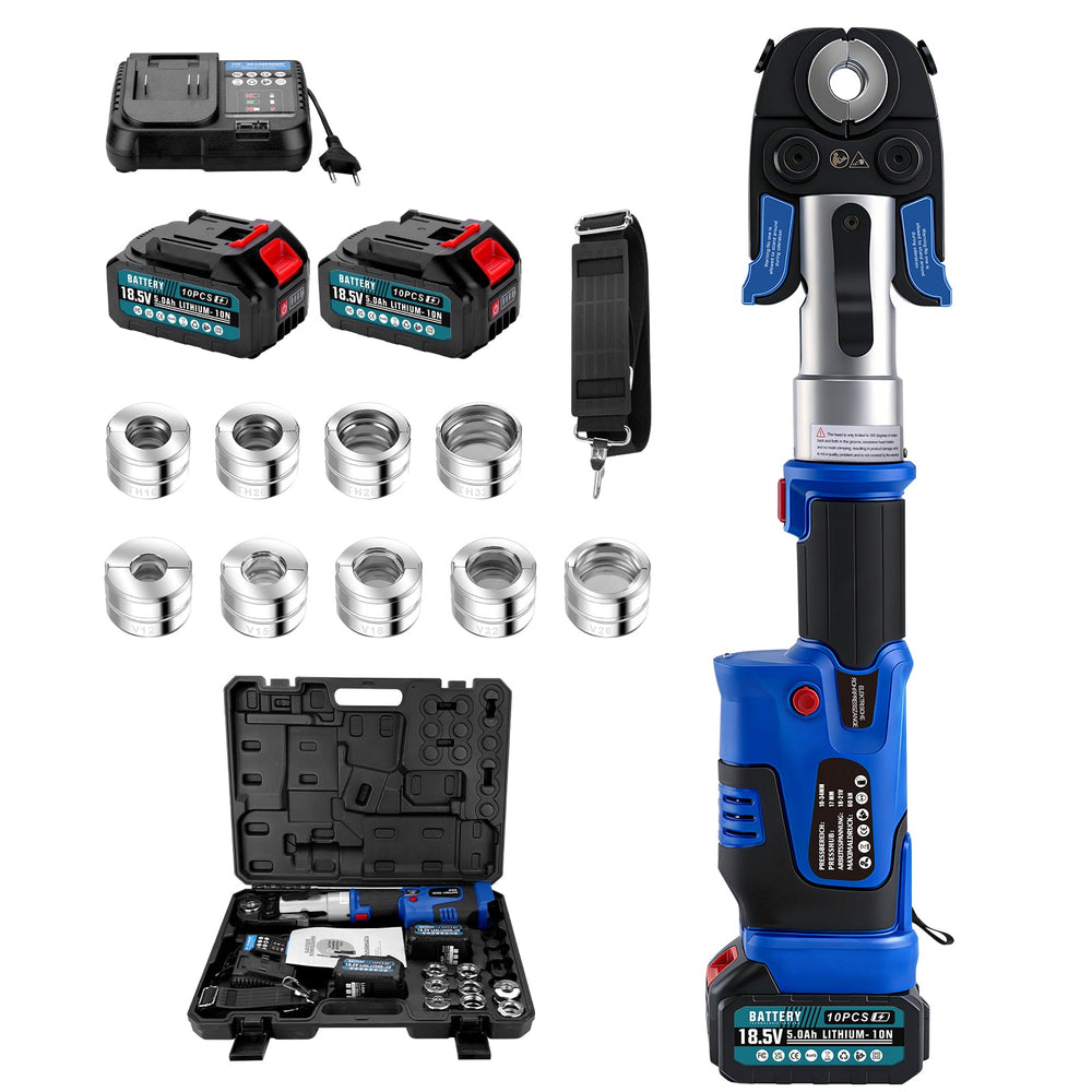Electrical electro-hydraulic crimping tool with automatic pressure release & battery – TH & V press jaws for copper, stainless steel & composite pipes