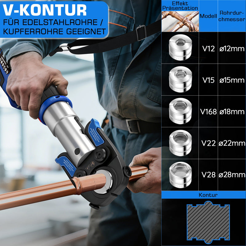 Elektrische Presszange elektrohydraulisch mit automatischer Druckentlastung & Akku – TH & V Pressbacken für Kupfer - , Edelstahl - & Verbundrohre