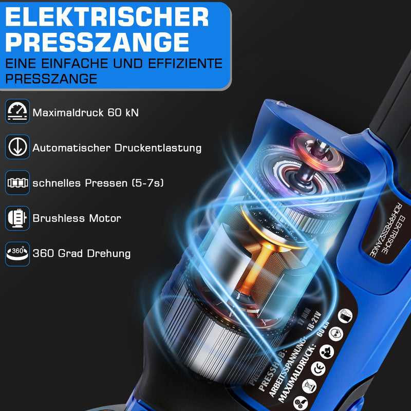 Elektrische Presszange elektrohydraulisch mit automatischer Druckentlastung & Akku – TH & V Pressbacken für Kupfer - , Edelstahl - & Verbundrohre
