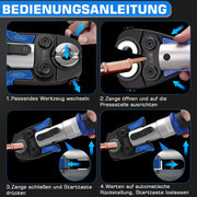 Elektrische Presszange elektrohydraulisch mit automatischer Druckentlastung & Akku – TH & V Pressbacken für Kupfer - , Edelstahl - & Verbundrohre