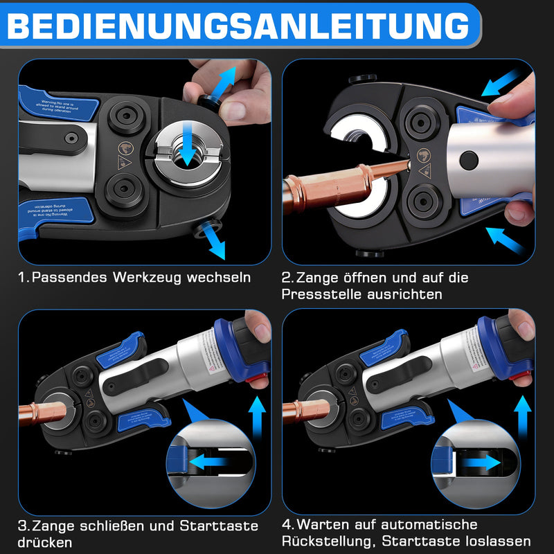 Elektrische Presszange elektrohydraulisch mit automatischer Druckentlastung & Akku – TH & V Pressbacken für Kupfer - , Edelstahl - & Verbundrohre