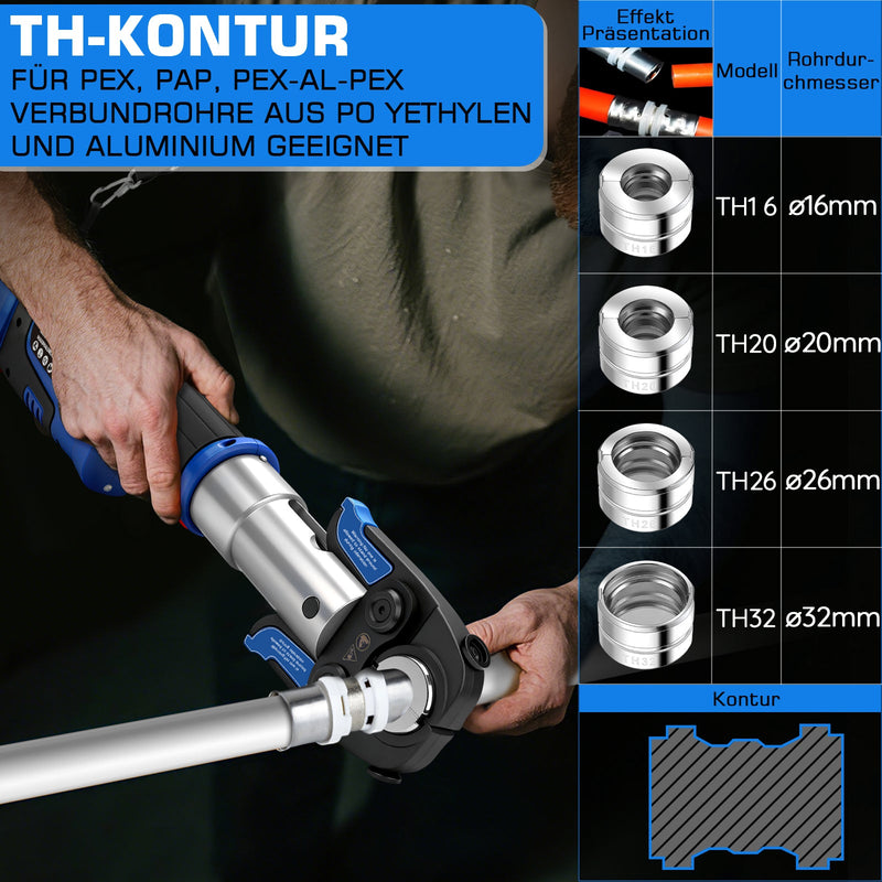 Elektrische Presszange elektrohydraulisch mit automatischer Druckentlastung & Akku – TH & V Pressbacken für Kupfer - , Edelstahl - & Verbundrohre
