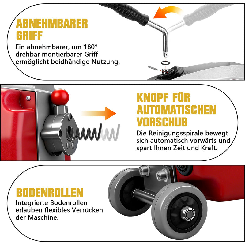 Elektrische Rohrreinigungsmaschine 1250W mit 14m Ø22mm Manganstahlfeder & Schneidköpfen Profi 20–200mm