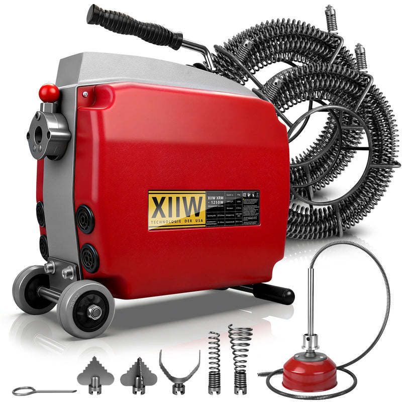 Elektrische Rohrreinigungsmaschine 1250W mit 14m Ø22mm Manganstahlfeder & Schneidköpfen Profi 20–200mm