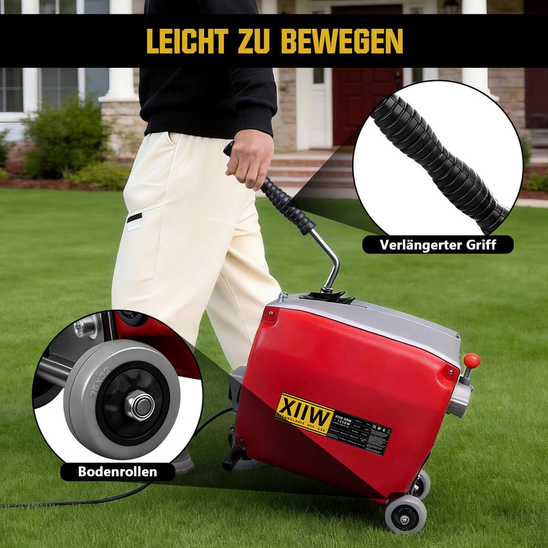 Elektrische Rohrreinigungsmaschine 1250W mit 14m Ø22mm Manganstahlfeder & Schneidköpfen Profi 20–200mm