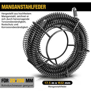 Elektrische Rohrreinigungsmaschine 1250W mit 14m Ø22mm Manganstahlfeder & Schneidköpfen Profi 20–200mm