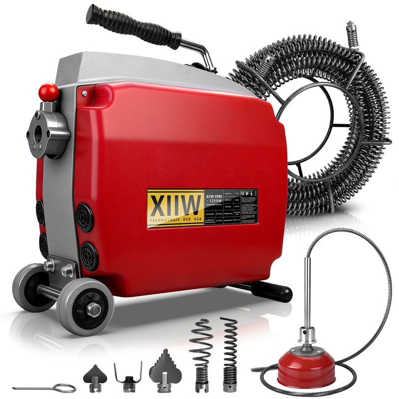 Elektrische Rohrreinigungsmaschine 1250W mit 22mm Manganstahlfeder & Schneidköpfen 20–200mm Rohrreiniger Profi