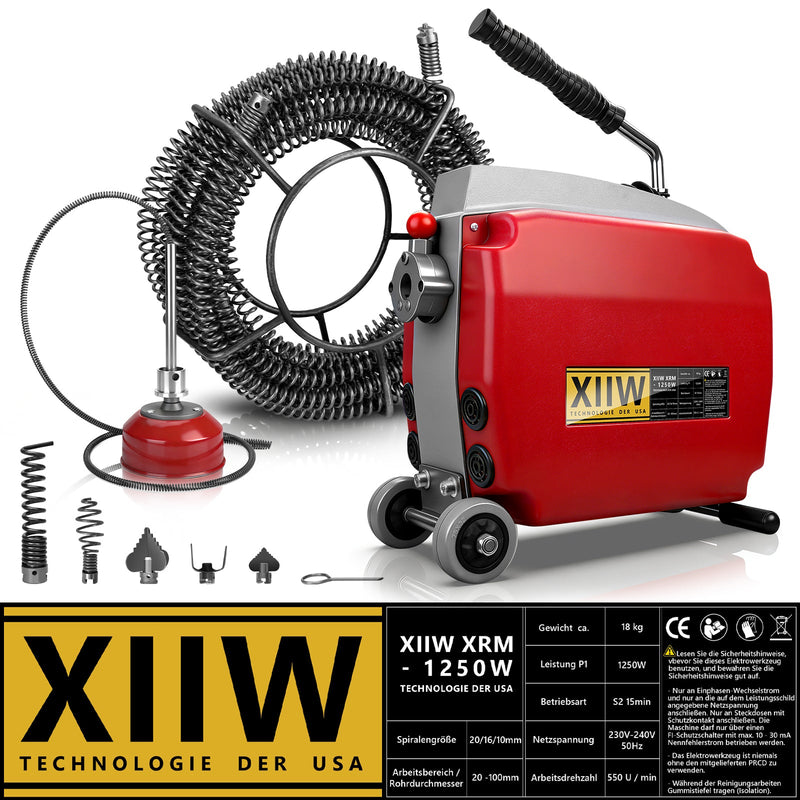 Elektrische Rohrreinigungsmaschine 1250W mit 22mm Manganstahlfeder & Schneidköpfen 20–200mm Rohrreiniger Profi