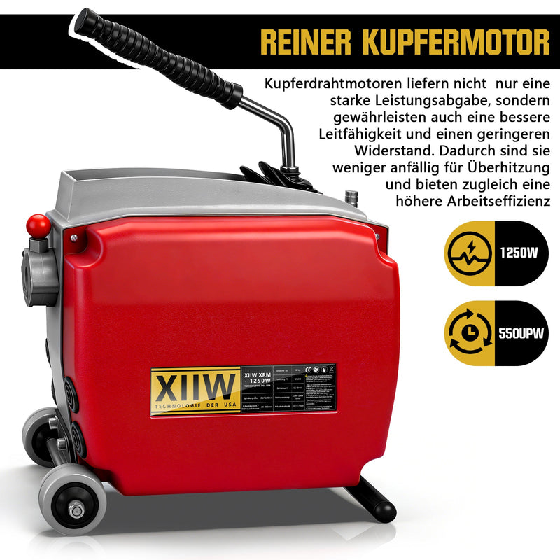 Elektrische Rohrreinigungsmaschine 1250W mit 22mm Manganstahlfeder & Schneidköpfen 20–200mm Rohrreiniger Profi