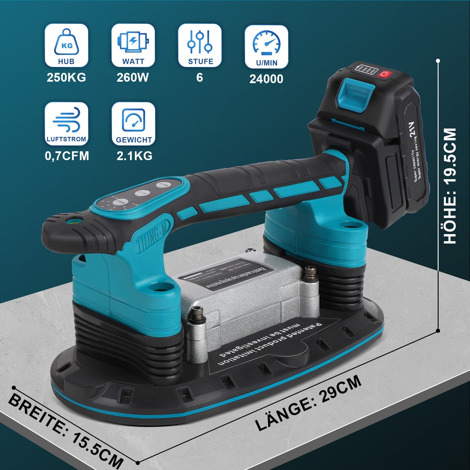 Elektrischer Fliesenrüttler 250 kg mit Akku und Saugnapf – 6 - Stufen Vibration