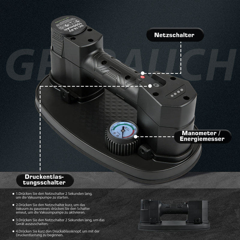Elektrischer Vakuum - Saugheber mit Akku 240 kg, Manometer - Druckanzeige, automatische Druckregulierung, Plattenheber für Glas & Feinsteinzeug