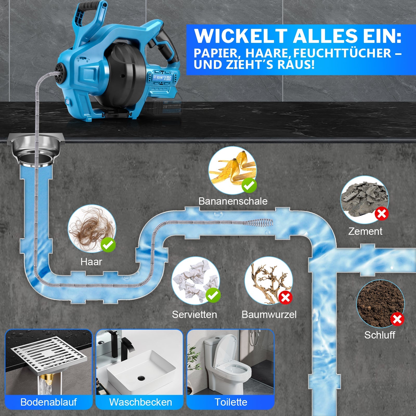 Elektrisches Rohrreinigungsgerät 20V – Akku Rohrreiniger für Haushalt und Gewerbe