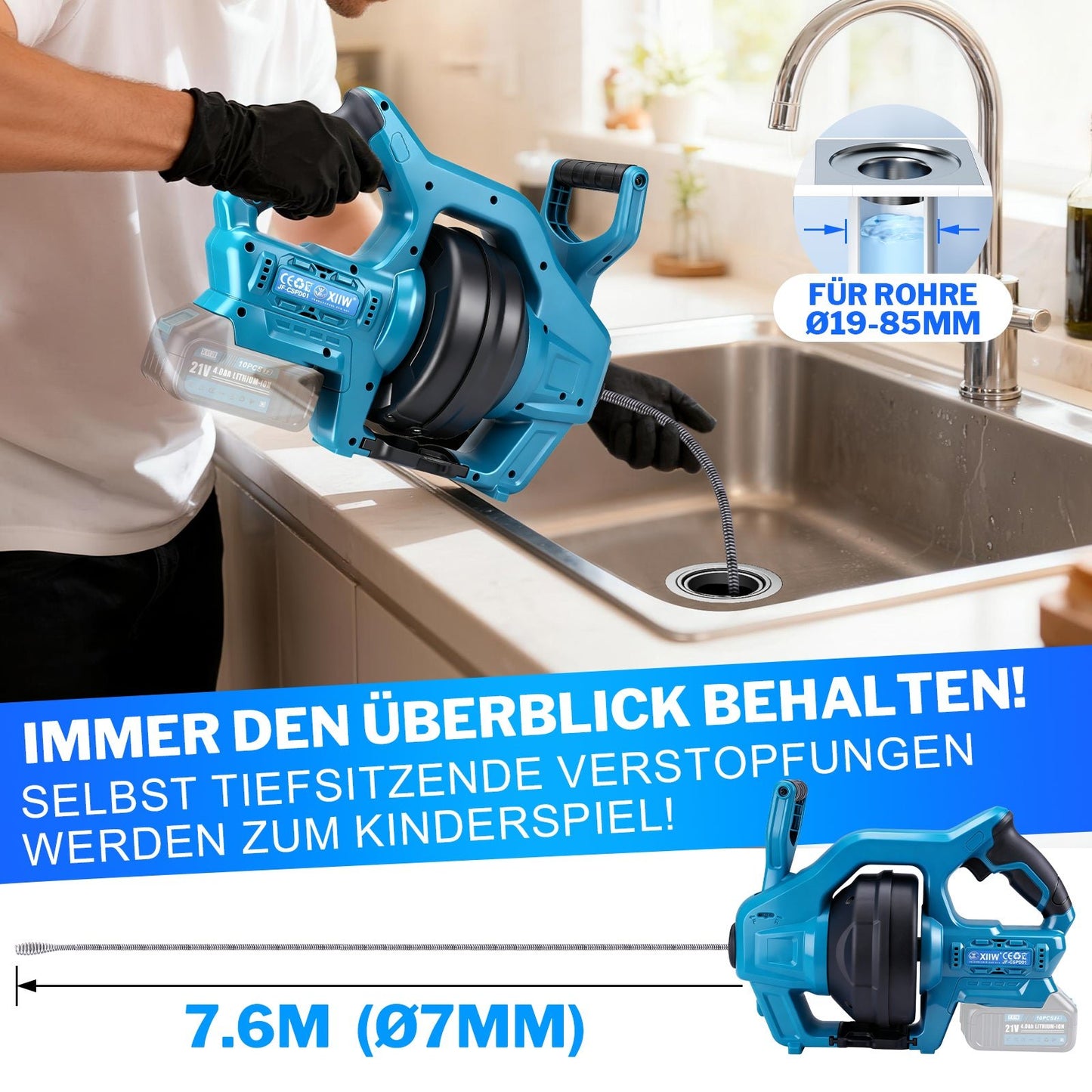 Elektrisches Rohrreinigungsgerät 20V – Akku Rohrreiniger für Haushalt und Gewerbe