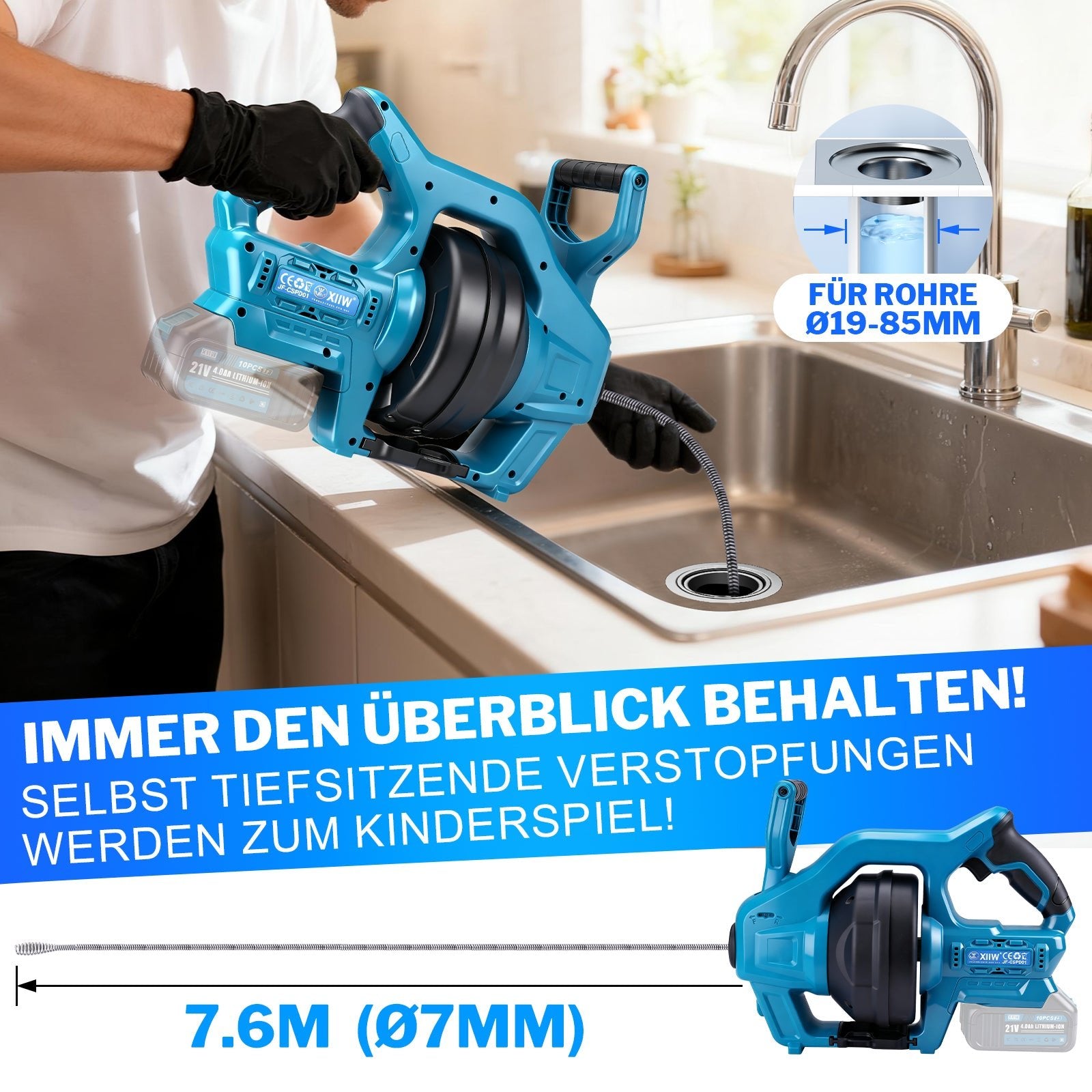 Elektrisches Rohrreinigungsgerät 20V – Akku Rohrreiniger für Haushalt und Gewerbe