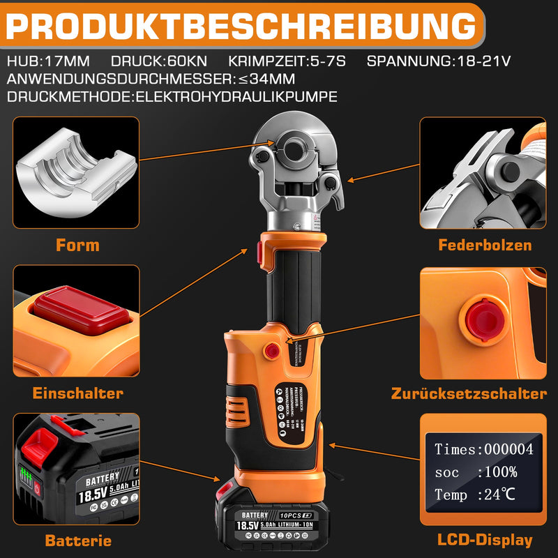 Elektrohydraulische Presszange mit Akku & automatischer Druckkontrolle, TH/V - Profile