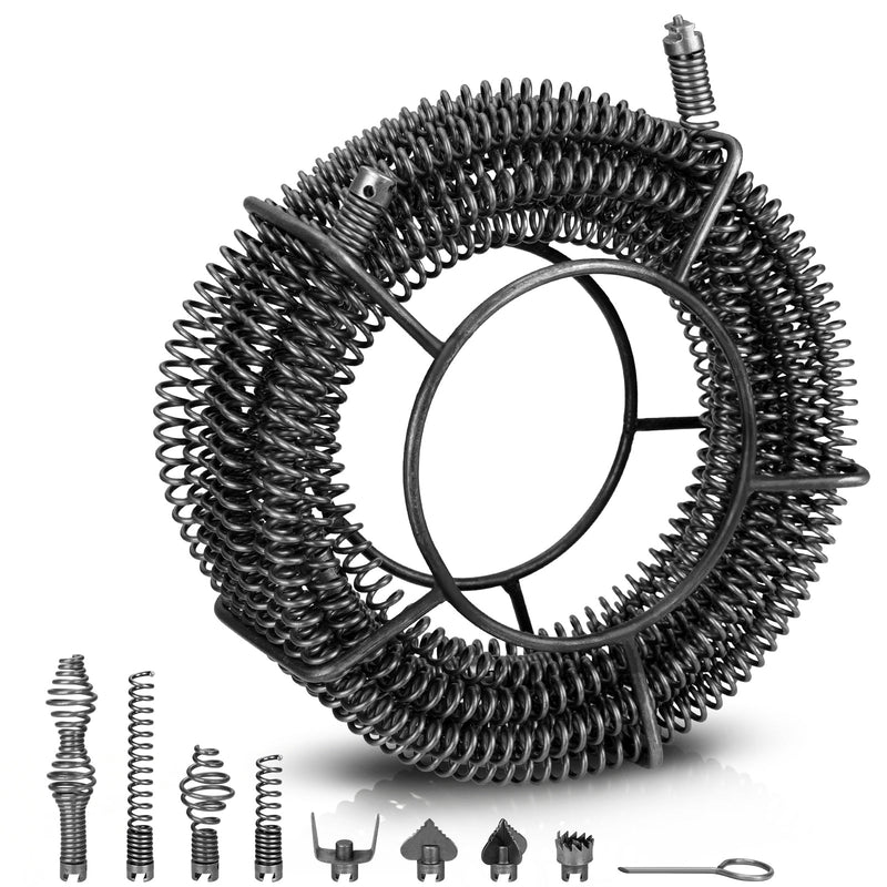 Φ16 mm Rohrreinigungs - Spirale 15m mit Schnellwechsel Schneidkopfset, Manganstahl, Abflussreiniger für Rohre 32–100 mm