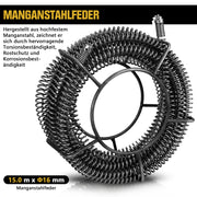 Φ16 mm Rohrreinigungs - Spirale 15m mit Schnellwechsel Schneidkopfset, Manganstahl, Abflussreiniger für Rohre 32–100 mm