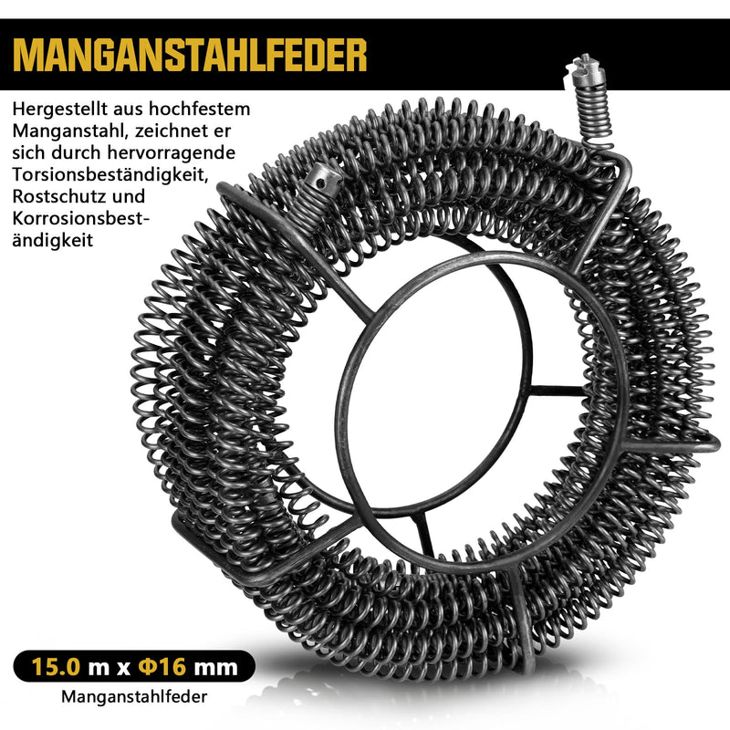 Φ16 mm Rohrreinigungs - Spirale 15m mit Schnellwechsel Schneidkopfset, Manganstahl, Abflussreiniger für Rohre 32–100 mm