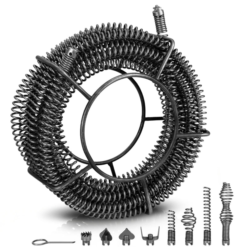 Φ16 mm Rohrreinigungs - Spirale 15m mit Schnellwechsel Schneidkopfset, Manganstahl, Abflussreiniger für Rohre 32–100 mm