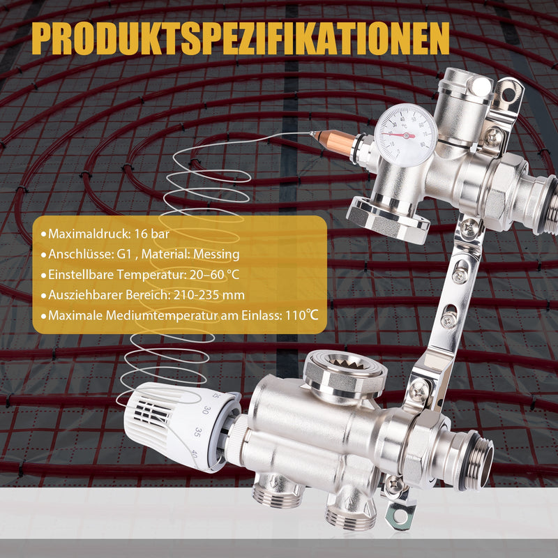 Festwertregelset Fußbodenheizung mit Thermostat & Umwälzpumpe, Messing