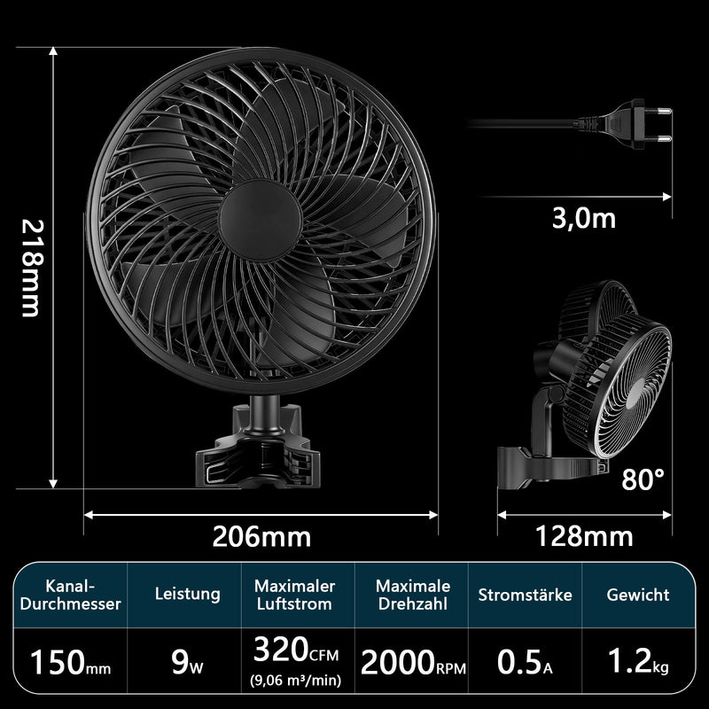 Grow Umluftventilator 320 CFM – Leiser Clip Ventilator mit EC - Motor, 10 Stufen, Oszillation, IP44