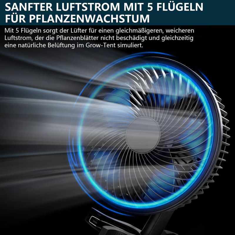 Grow Umluftventilator 320 CFM – Leiser Clip Ventilator mit EC - Motor, 10 Stufen, Oszillation, IP44