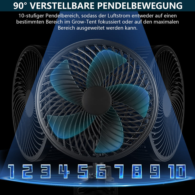 Grow Umluftventilator 320 CFM – Leiser Clip Ventilator mit EC - Motor, 10 Stufen, Oszillation, IP44