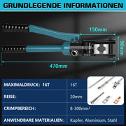 Hydraulische Crimpzange Set 8–300 mm² mit 13 Matrizen & Kabelschneider – Profi - Werkzeug für Elektrik, Industrie & KFZ